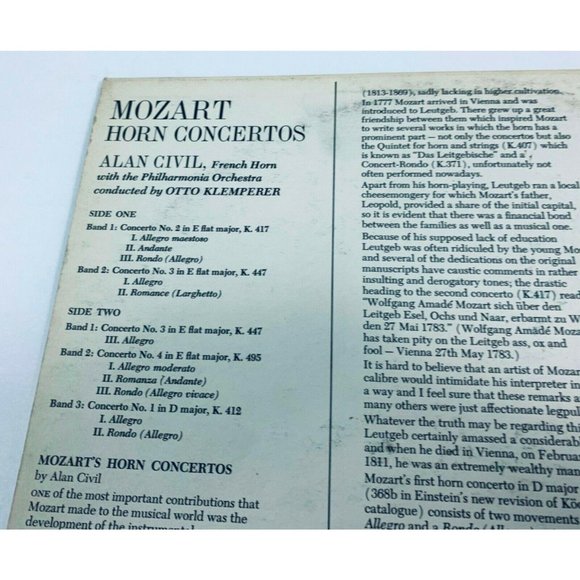 Mozart Horn Concertos Alan Civil Otto Klemperer Classical LP Angel Orchestra - Picture 2 of 7